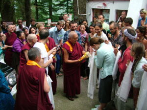 Lama Zopa Rinpoche before His departure – taking every opportunity to give blessings, presents and to teach.