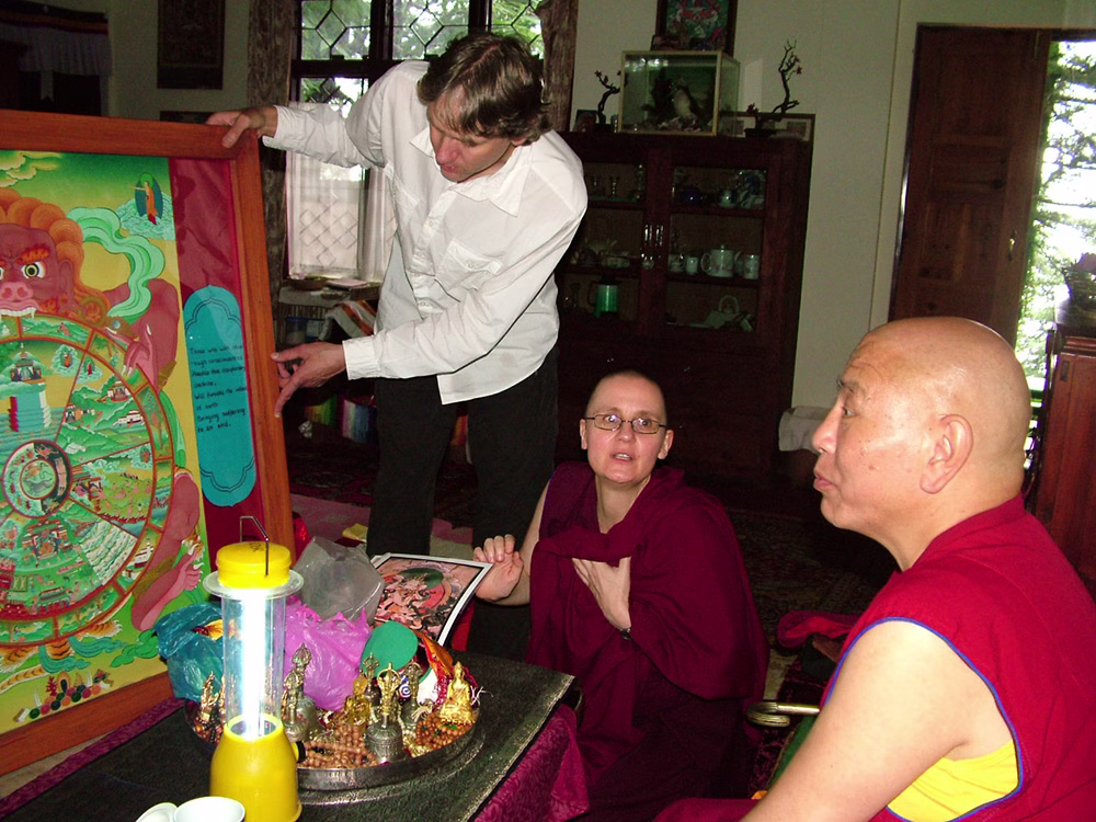 Jhado Rinpoche giving advice on the Wheel of Life and the verses describing the path. Geshema Kelsang Wangmo, who interpreted during the Vajrasattva initiation, was also indispensable in collecting, translating and clarifying Rinpoche’s advice.