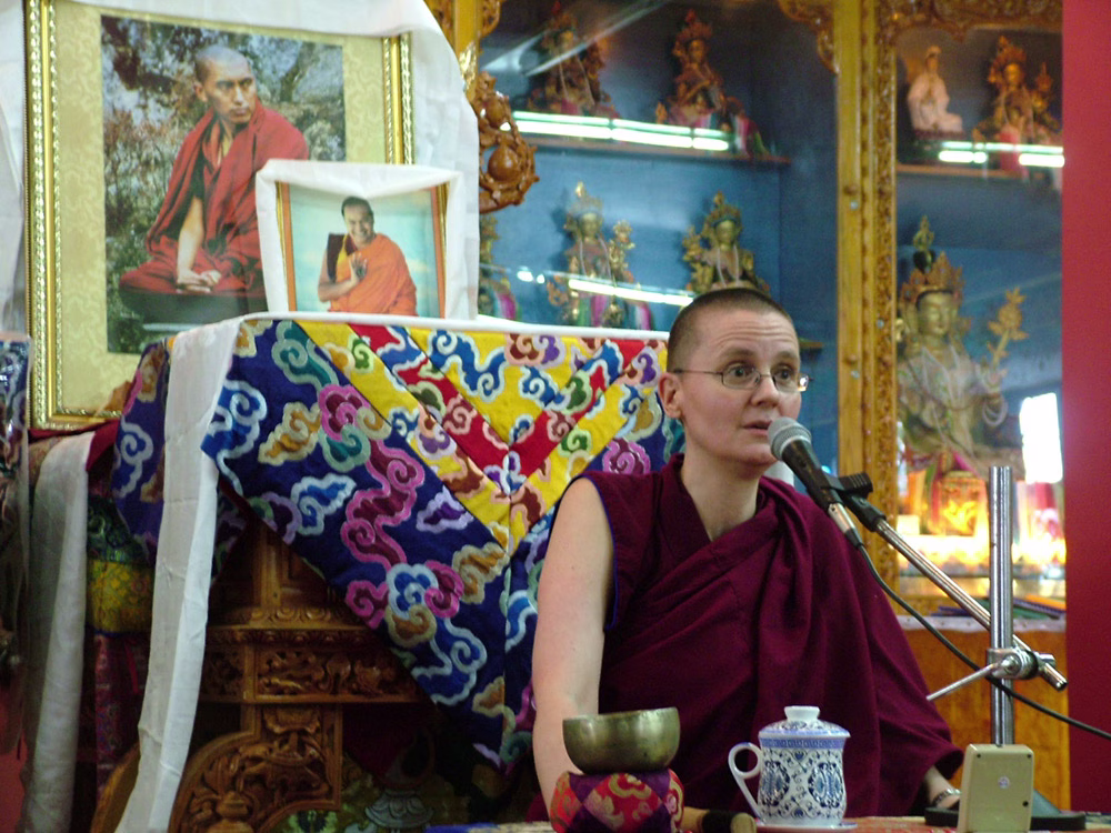 Geshema Kelsang Wangmo giving a Dharma Talk on Chokhor Duchen, July 20th