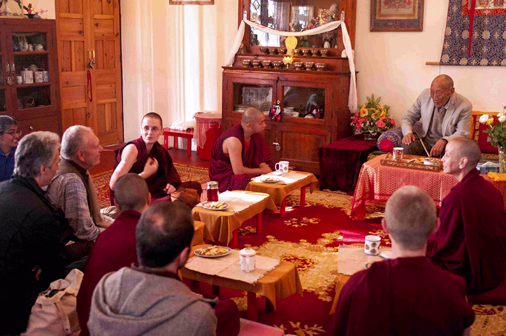 Tea with Rinpoche in Lama Yeshe’s Room: Rinpoche’s attendants Ven NorbuTsering & Stefan, interpreter Geshema Kelsang Wangmo, teachers Ven Amy Miller & Jimi Neal and Tushita staff Ven Kunphen, Kiko & Minakshi.