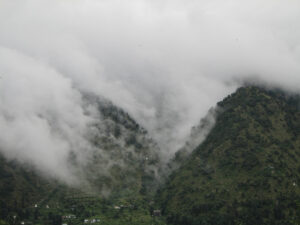 Back home to the monsoon – the fog is rolling down the hills above Dharamkot and Tushita