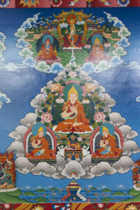 Lama Tsong Khapa Guru Yoga mural, with his two main disciples at the bottom and Buddha Maitreya on top.
